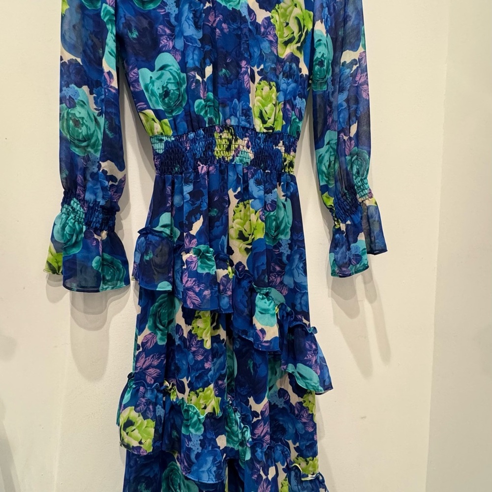 Floral Long Sleeve Dress in Blue and Green